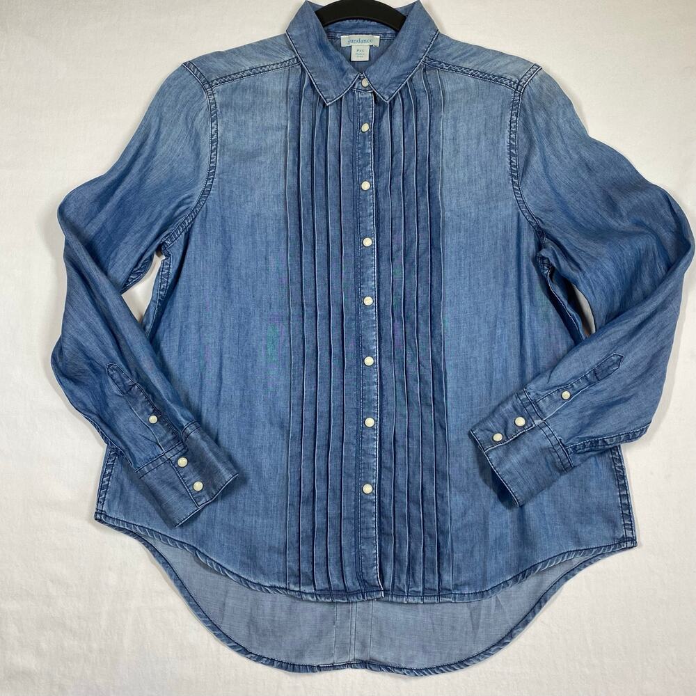 Sundance Women's Sz PXS Tessa Pearl Snap Blue Chambray Tuxedo Top Western Boho